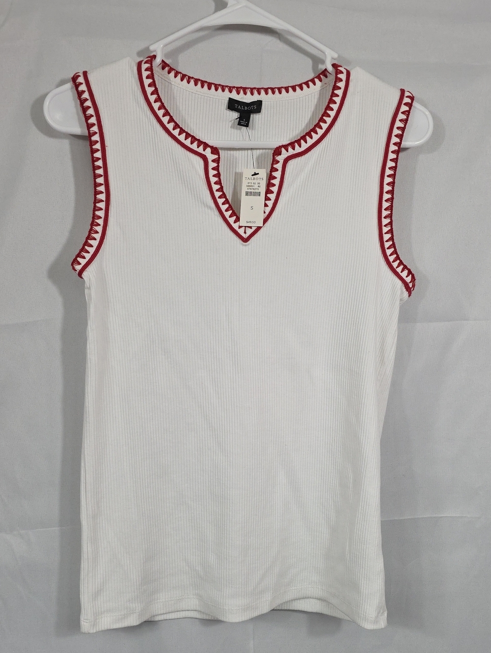 Talbots White Ribbed Sleeveless Tank with Red Trim Size Small (Chris #13)